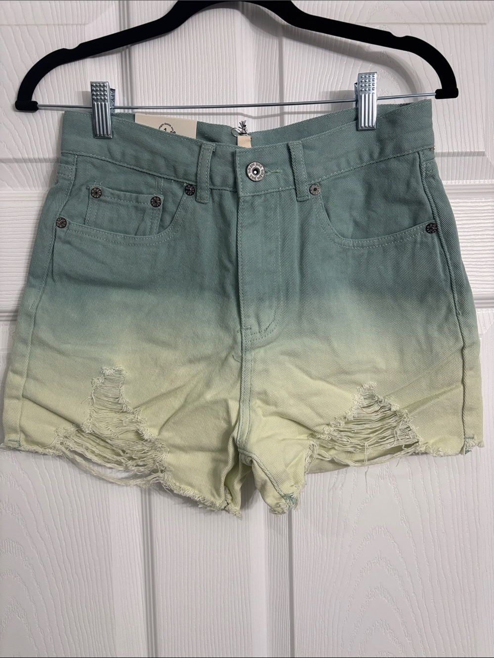 Umgee Sage to Cream Ombre Distressed High-Rise Denim Shorts
